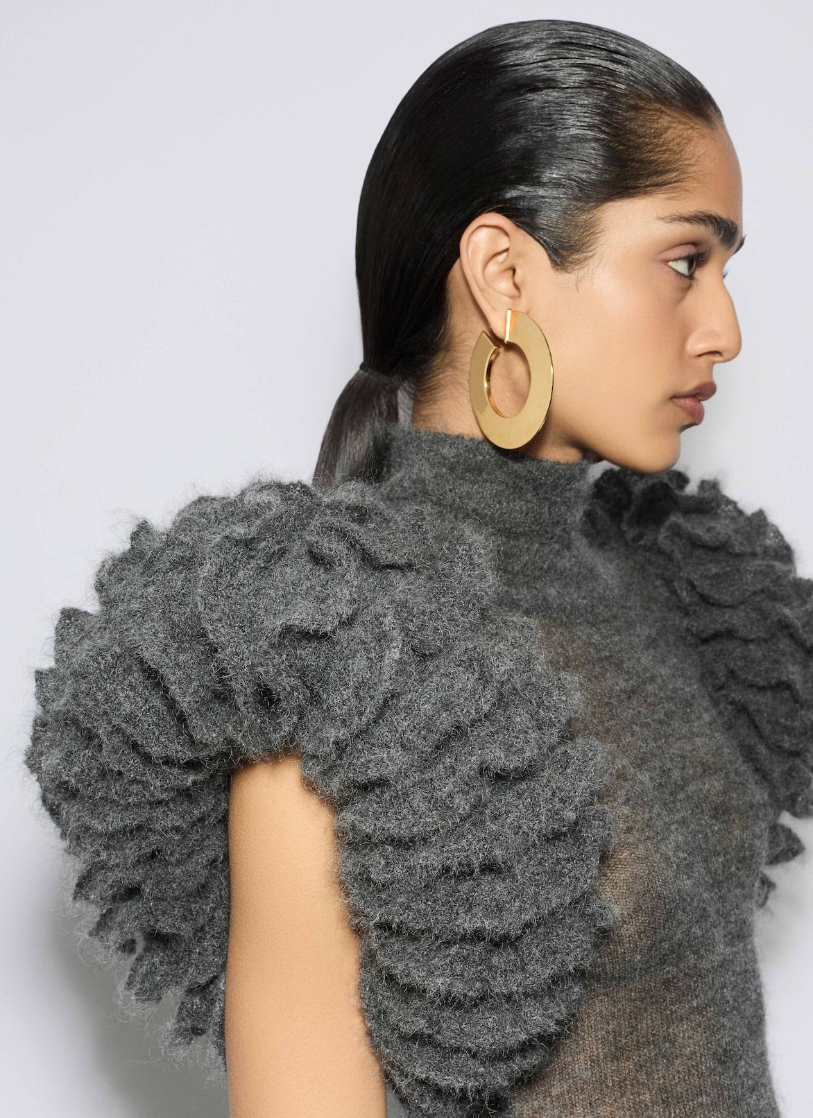 MOHAIR KNIT SCULPTURAL RUFFLE BODYSUIT ALAÏA GRAY MOHAIR KNIT SCULPTURAL RUFFLE BODYSUIT